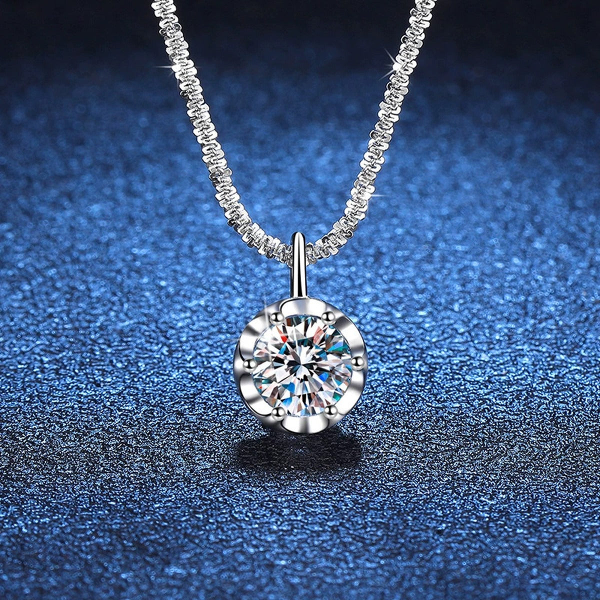 Round Bezel Halo Moissanite Pendant Necklace in Platinum-Plated S925 Sterling Silver blue background product view