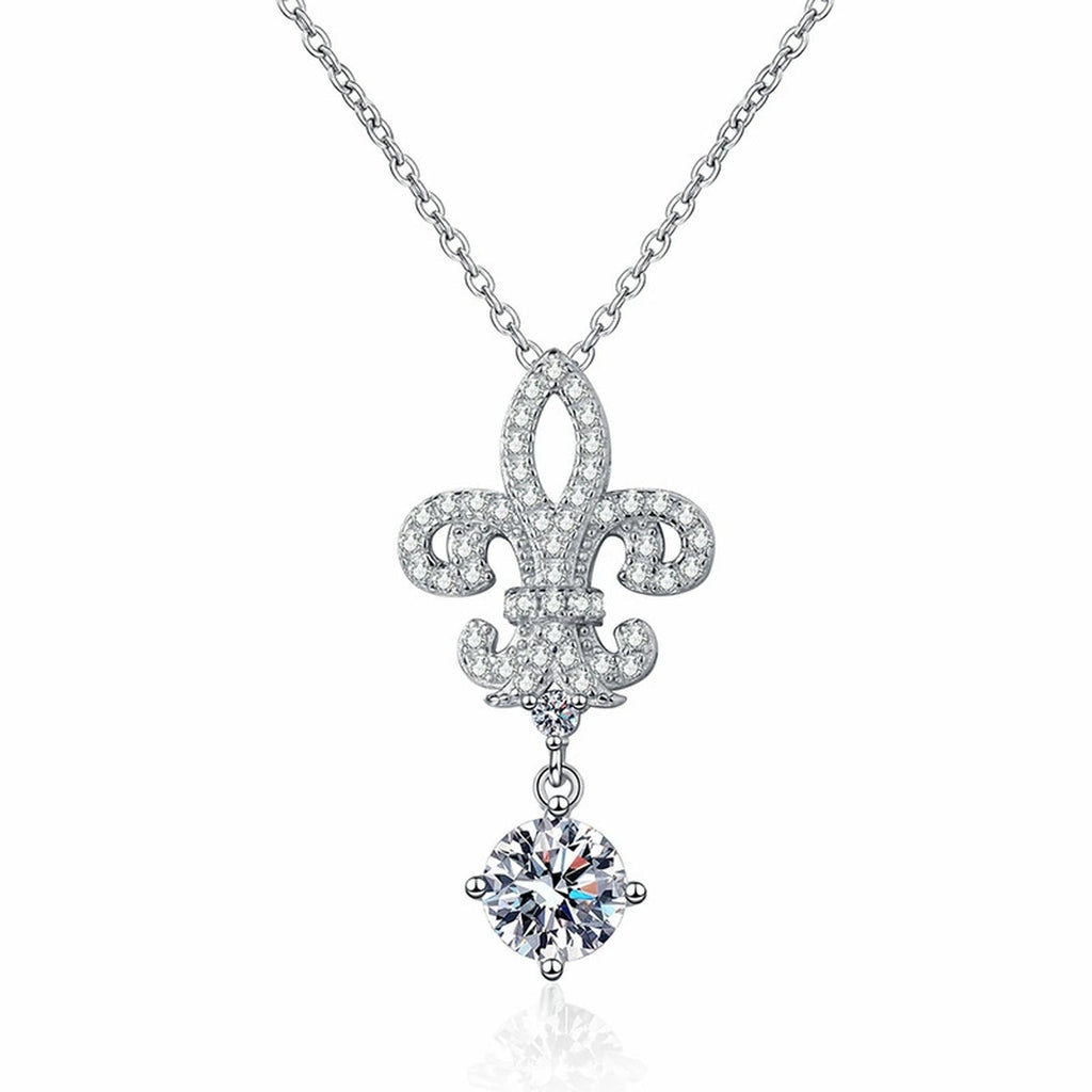 Fleur-De-Lis Moissanite Drop Necklace in Platinum-Plated S925 Sterling Silver clean white background product image