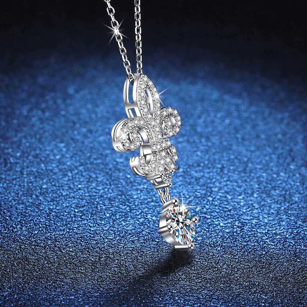 Fleur-De-Lis Moissanite Drop Necklace in Platinum-Plated S925 Sterling Silver blue background product view