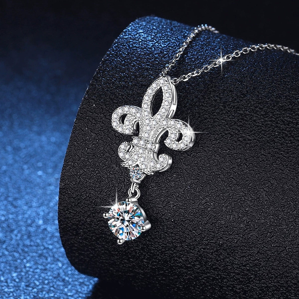 Fleur-De-Lis Moissanite Drop Necklace in Platinum-Plated S925 Sterling Silver dark background product display view