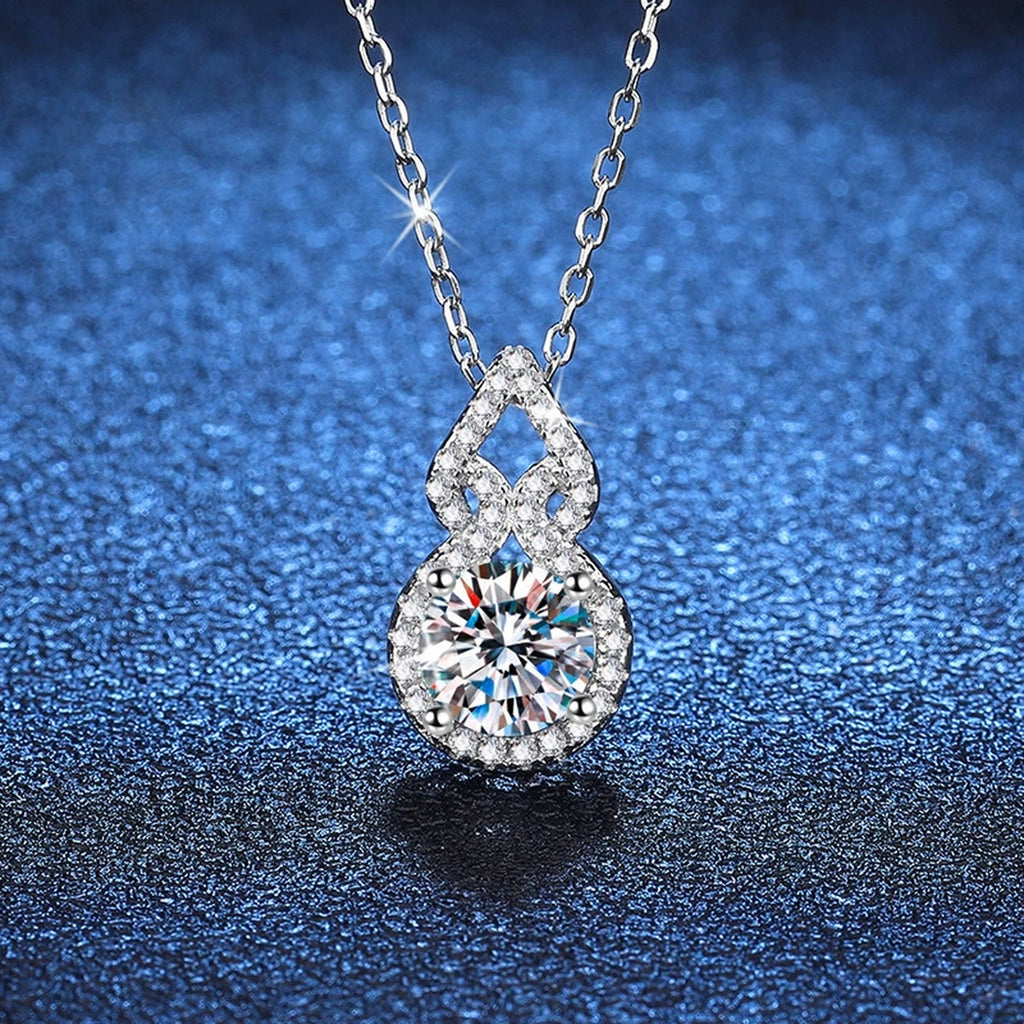 Pear Halo Moissanite Drop Necklace in Platinum-Plated S925 Sterling Silver blue background product view