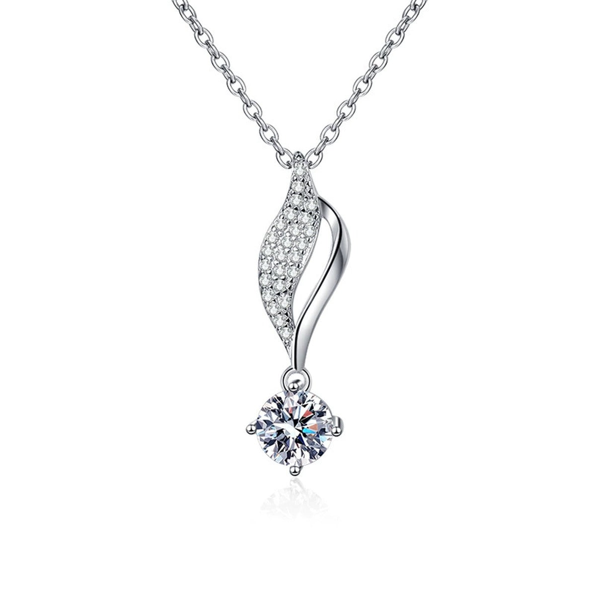 Curved Leaf Moissanite Drop Necklace in Platinum-Plated S925 Sterling Silver clean white background product image
