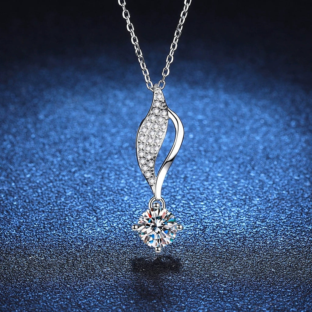 Curved Leaf Moissanite Drop Necklace in Platinum-Plated S925 Sterling Silver blue background product view