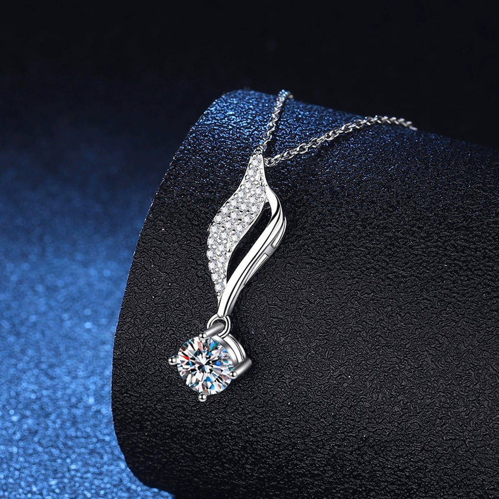 Curved Leaf Moissanite Drop Necklace in Platinum-Plated S925 Sterling Silver dark background product display view