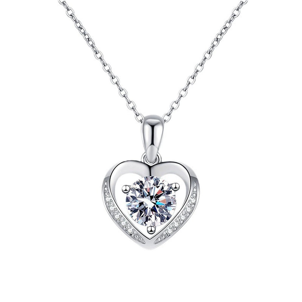 Heart Halo Moissanite Pendant Necklace in Platinum-Plated S925 Sterling Silver clean white background product image