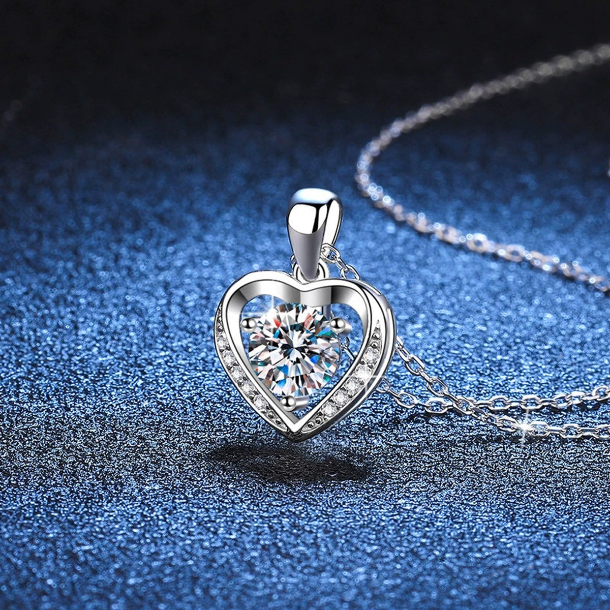 Heart Halo Moissanite Pendant Necklace in Platinum-Plated S925 Sterling Silver blue background product view