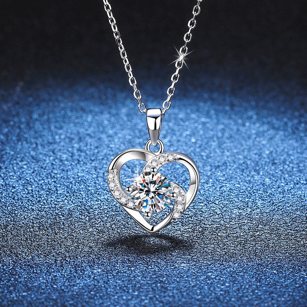 Heart Halo Moissanite Pendant Necklace in Platinum-Plated S925 Sterling Silver blue background product view