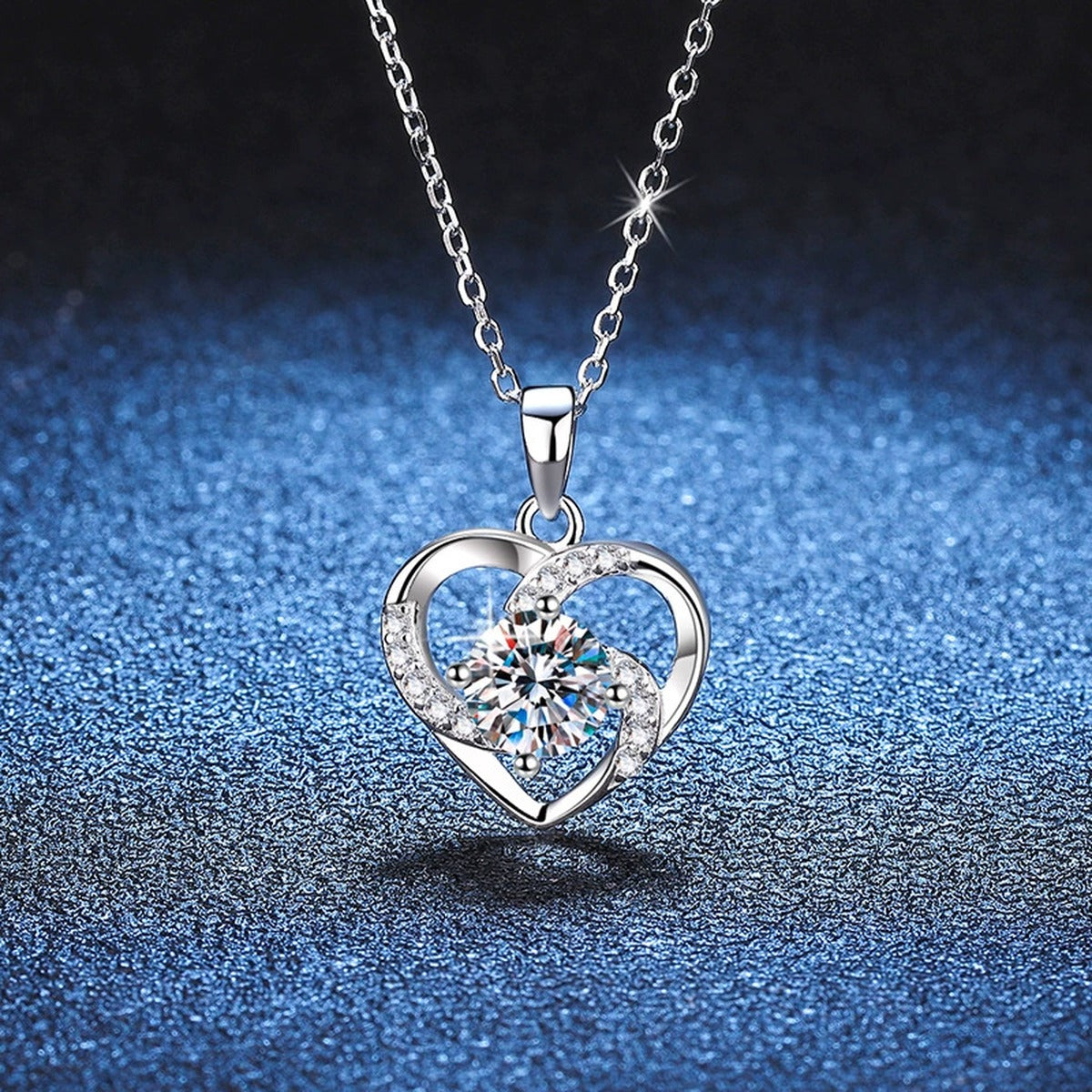 Heart Halo Moissanite Pendant Necklace in Platinum-Plated S925 Sterling Silver blue background product view