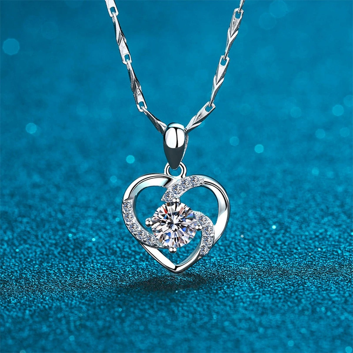 Heart Halo Moissanite Pendant Necklace in Platinum-Plated S925 Sterling Silver blue background close-up view