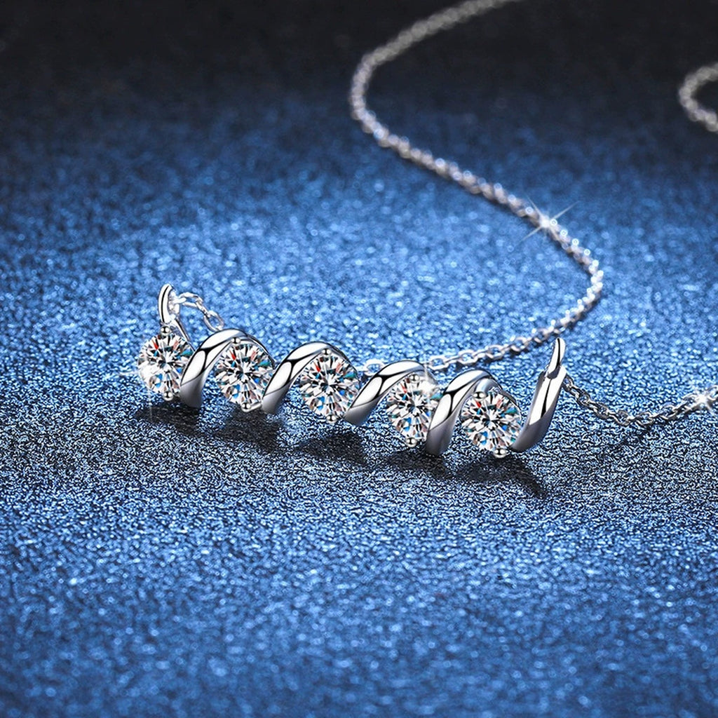 Graduated Five-Stone Moissanite Station Necklace in Platinum-Plated S925 Sterling Silver blue background product view
