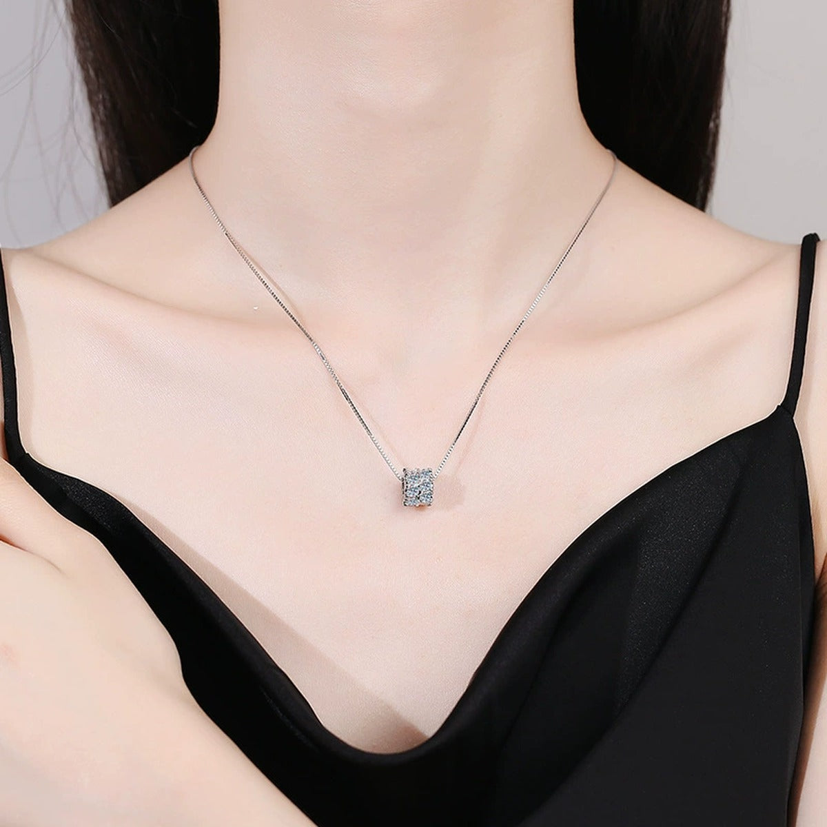 Square Cluster Moissanite Pendant Necklace in Platinum-Plated S925 Sterling Silver worn on neckline by model