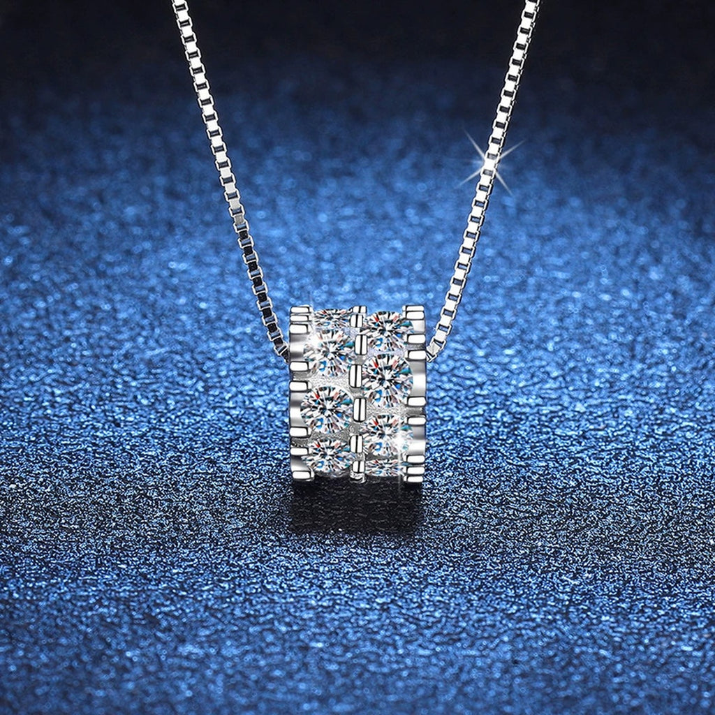 Square Cluster Moissanite Pendant Necklace in Platinum-Plated S925 Sterling Silver blue background angled detail view