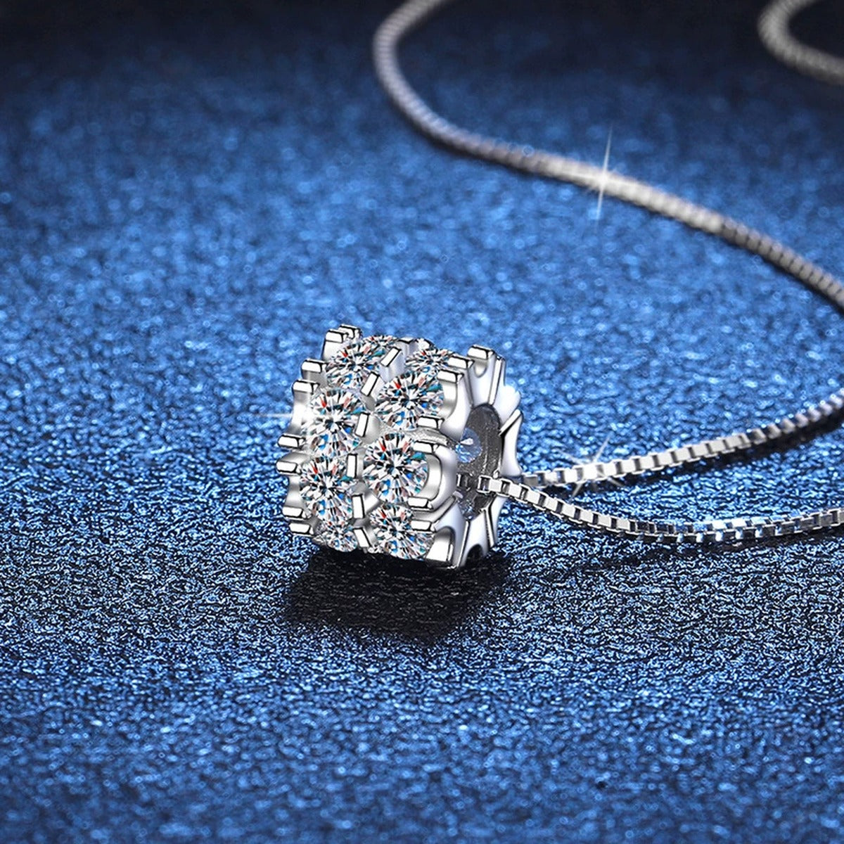 Square Cluster Moissanite Pendant Necklace in Platinum-Plated S925 Sterling Silver blue background close-up view