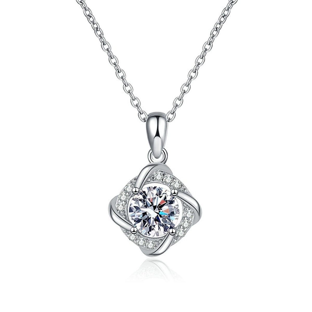 Round Quatrefoil Halo Moissanite Pendant Necklace in Platinum-Plated S925 Sterling Silver clean white background product image