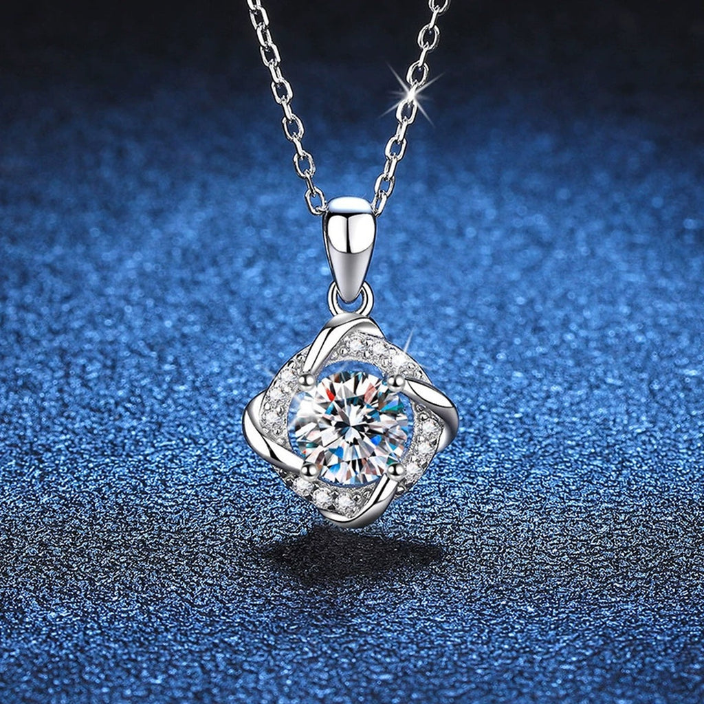 Round Quatrefoil Halo Moissanite Pendant Necklace in Platinum-Plated S925 Sterling Silver blue background product view