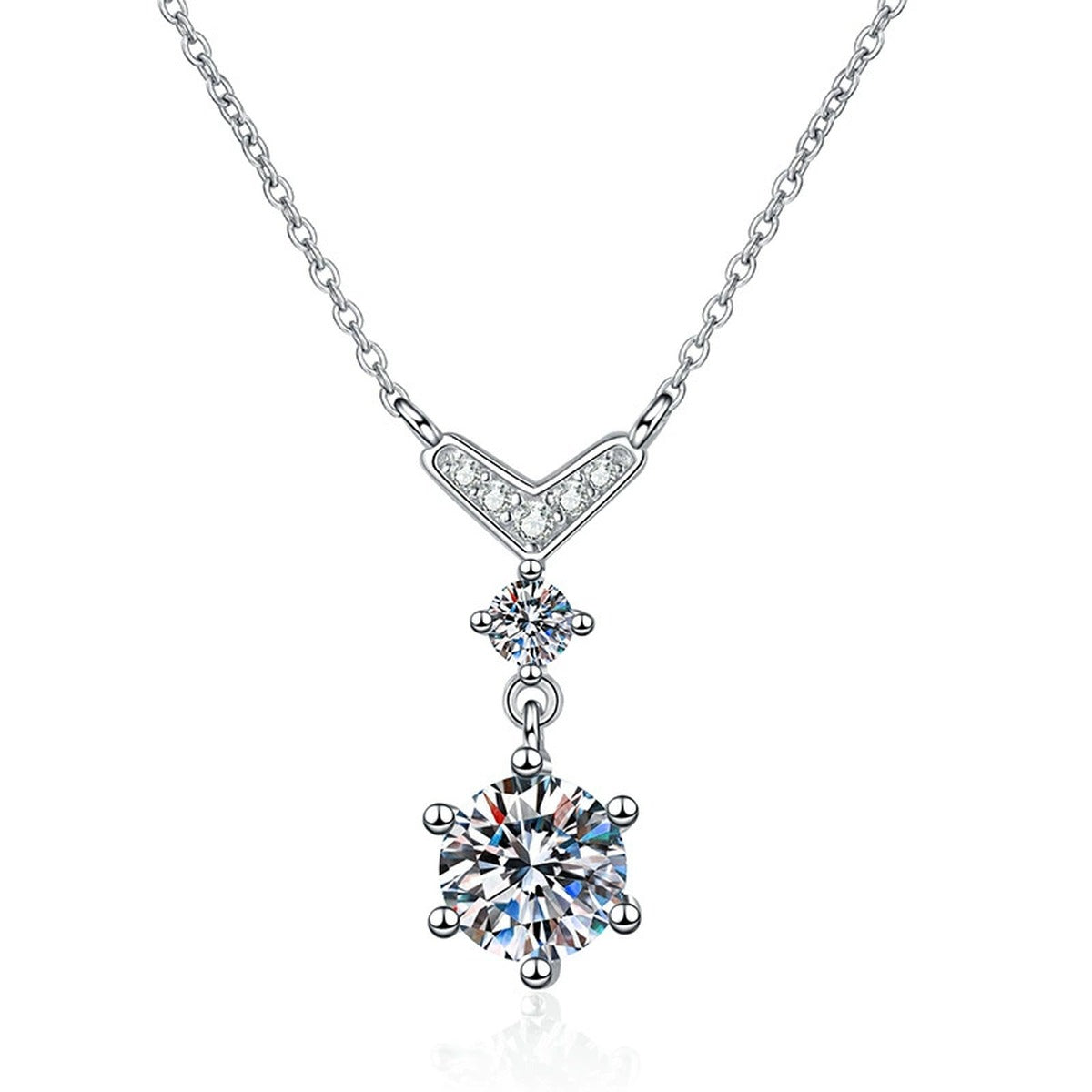 Chevron Drop Moissanite Necklace in Platinum-Plated S925 Sterling Silver clean white background product image
