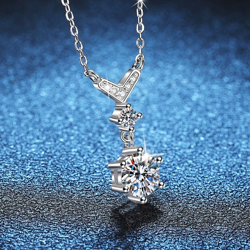 Chevron Drop Moissanite Necklace in Platinum-Plated S925 Sterling Silver blue background product view