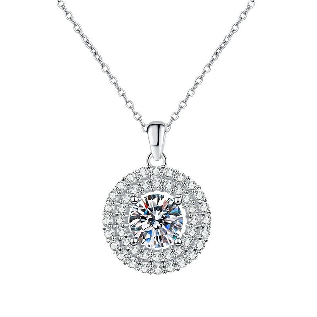 Double Halo Round Moissanite Pendant Necklace in Platinum-Plated S925 Sterling Silver clean white background product image
