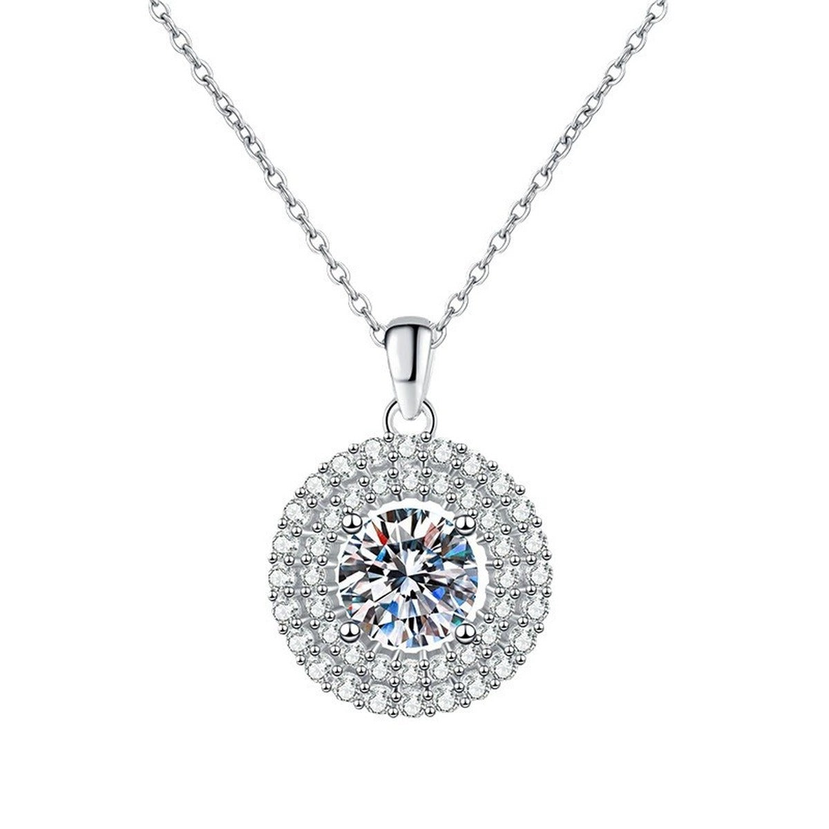 Double Halo Round Moissanite Pendant Necklace in Platinum-Plated S925 Sterling Silver clean white background product image