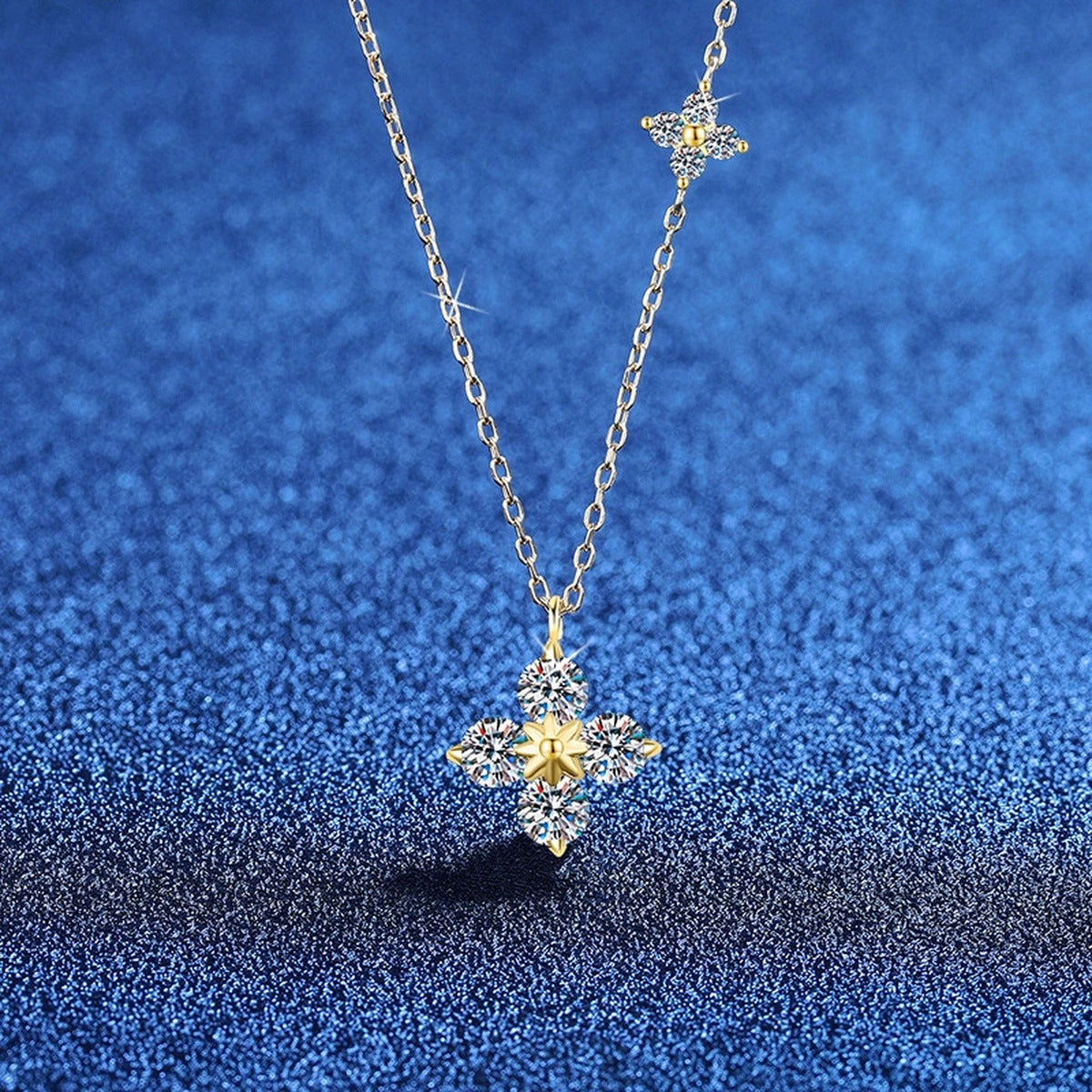 Four-Stone Clover Moissanite Pendant Necklace in S925 Sterling Silver blue background product view