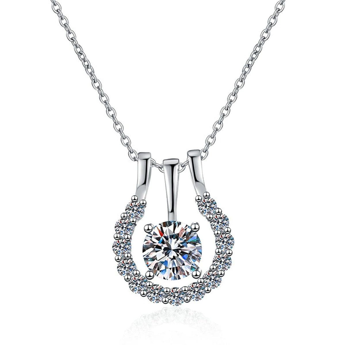 Horseshoe Halo Moissanite Pendant Necklace in Platinum-Plated S925 Sterling Silver clean white background product image