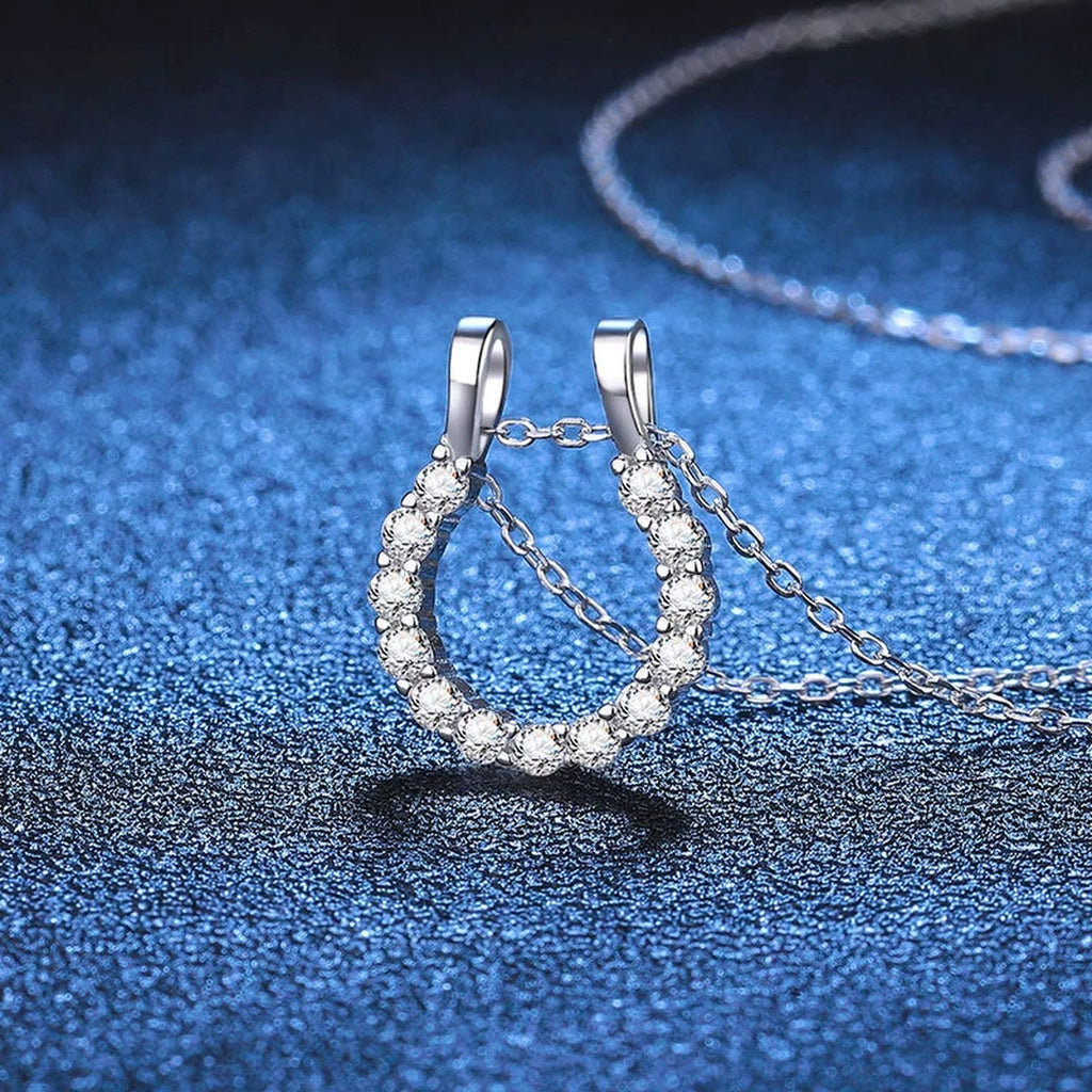 Horseshoe Halo Moissanite Pendant Necklace in Platinum-Plated S925 Sterling Silver blue background product view