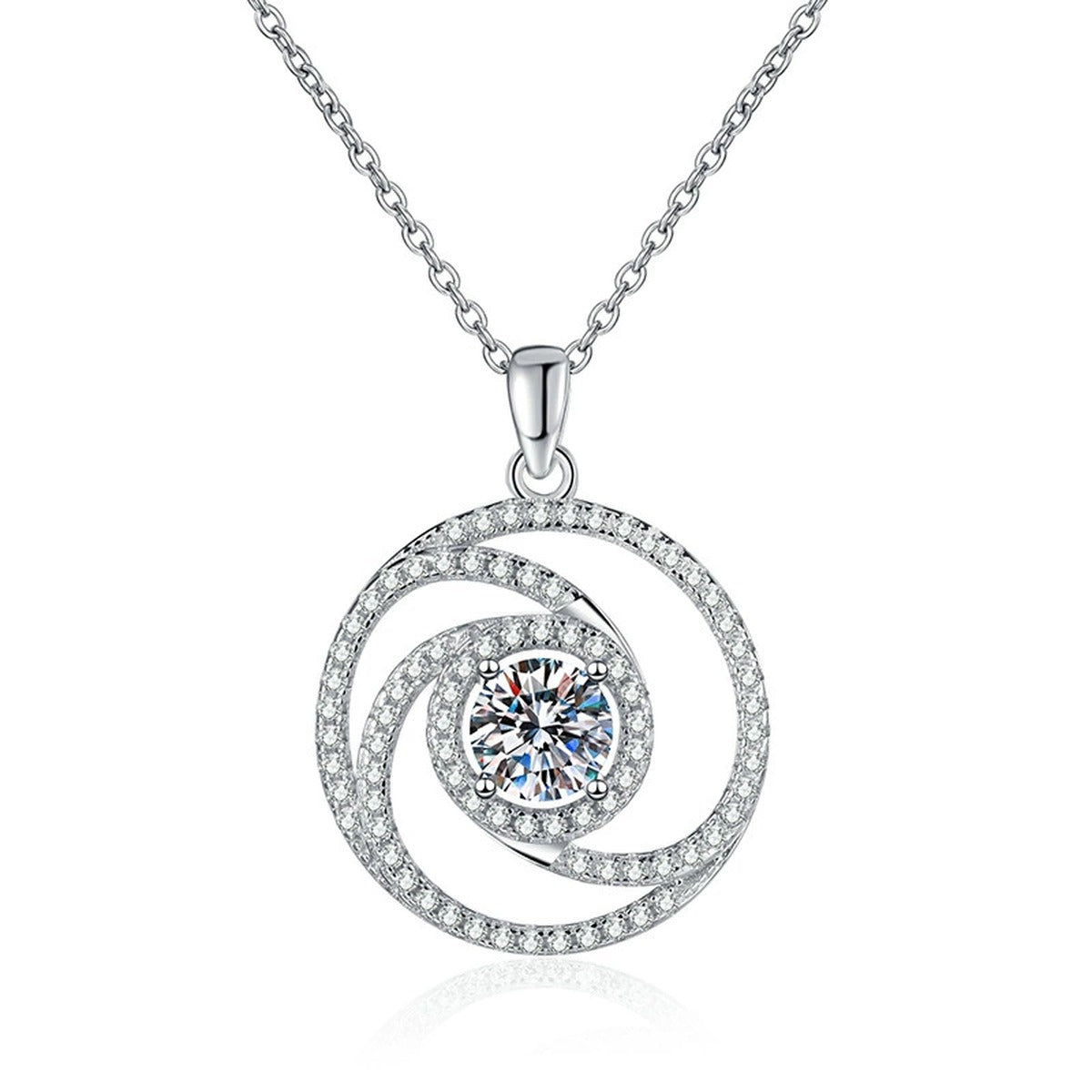 Spiral Halo Moissanite Pendant Necklace in Platinum-Plated S925 Sterling Silver clean white background product image