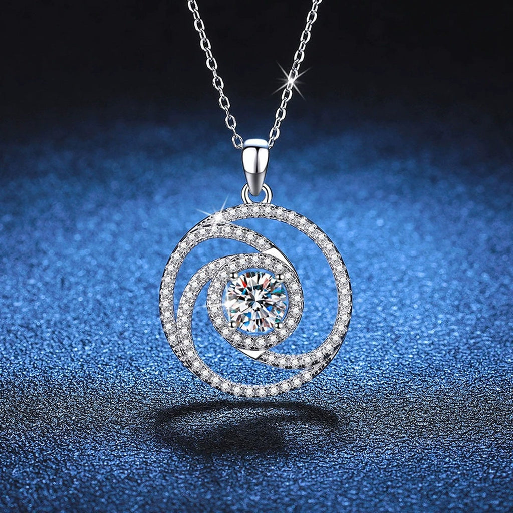 Spiral Halo Moissanite Pendant Necklace in Platinum-Plated S925 Sterling Silver blue background product view