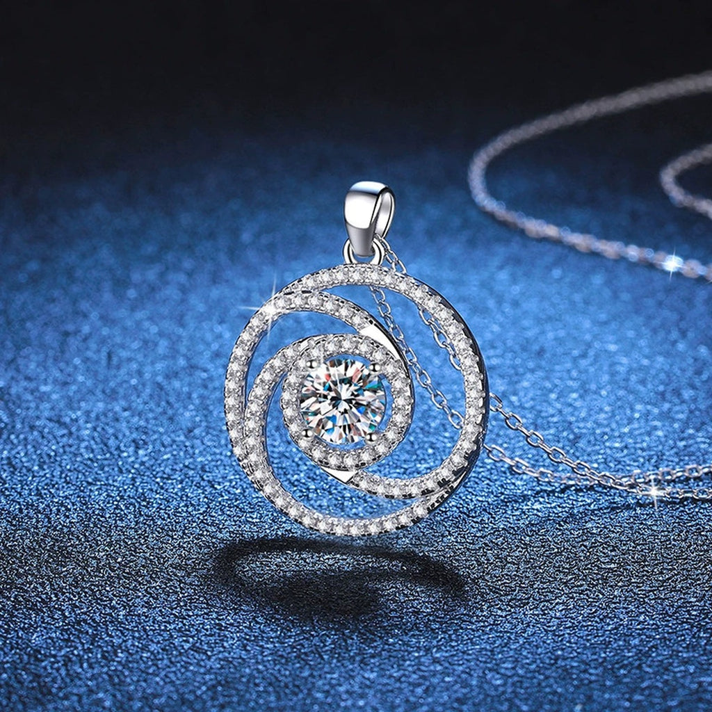 Spiral Halo Moissanite Pendant Necklace in Platinum-Plated S925 Sterling Silver blue background close-up view