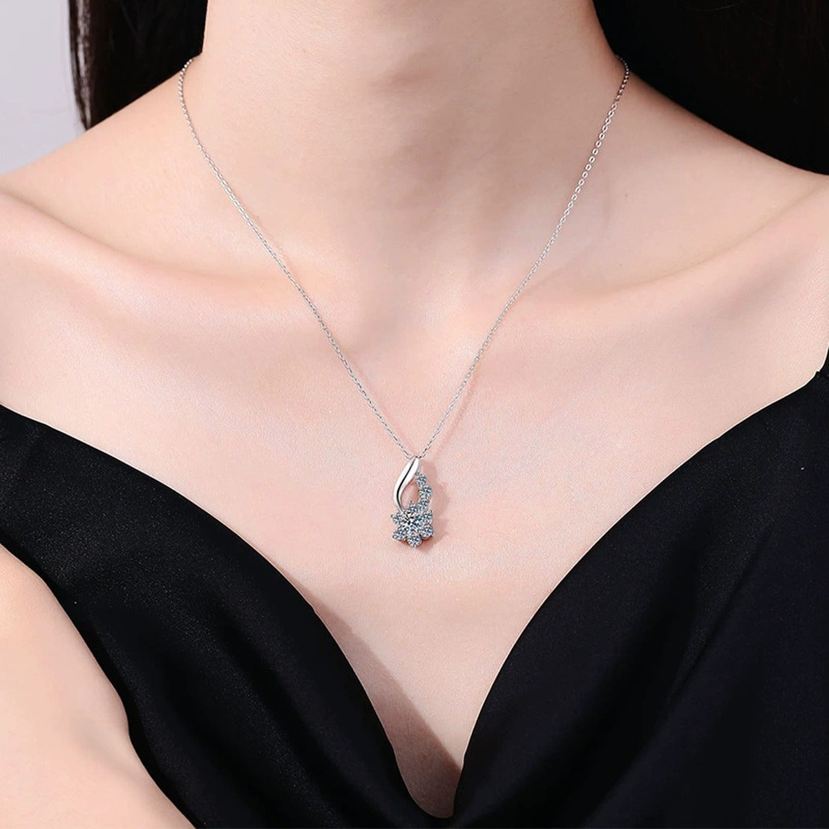 Starburst Moissanite Drop Necklace in Platinum-Plated S925 Sterling Silver worn on neckline by model
