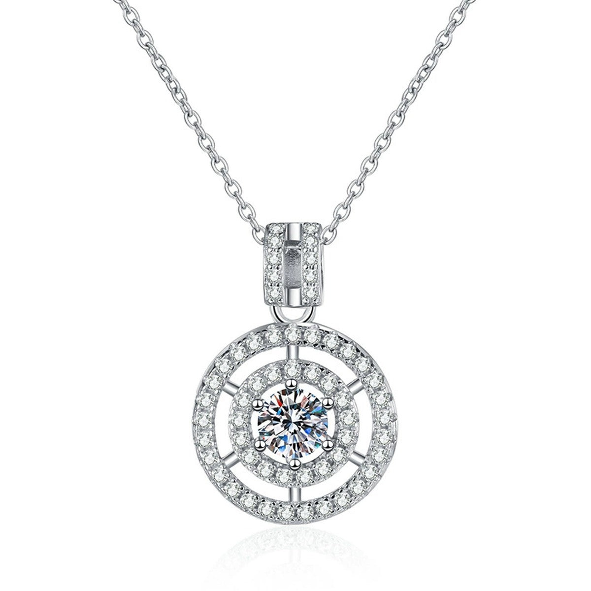 Concentric Halo Moissanite Pendant Necklace in Platinum-Plated S925 Sterling Silver clean white background product image