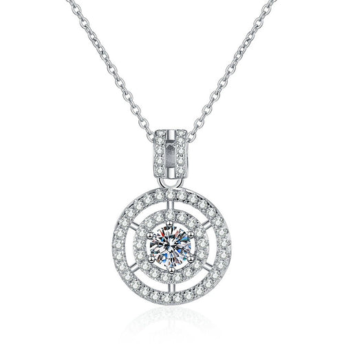 Concentric Halo Moissanite Pendant Necklace in Platinum-Plated S925 Sterling Silver clean white background product image