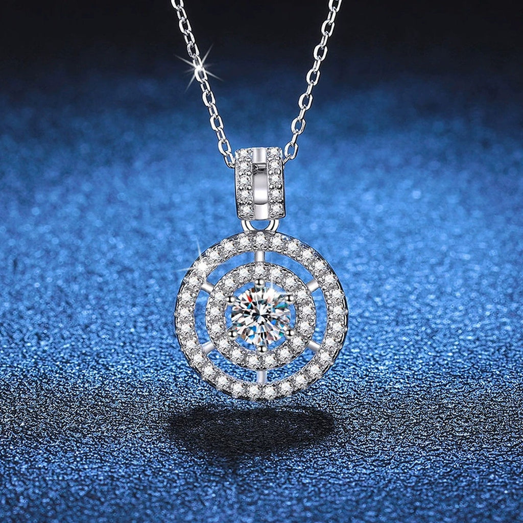 Concentric Halo Moissanite Pendant Necklace in Platinum-Plated S925 Sterling Silver blue background product view