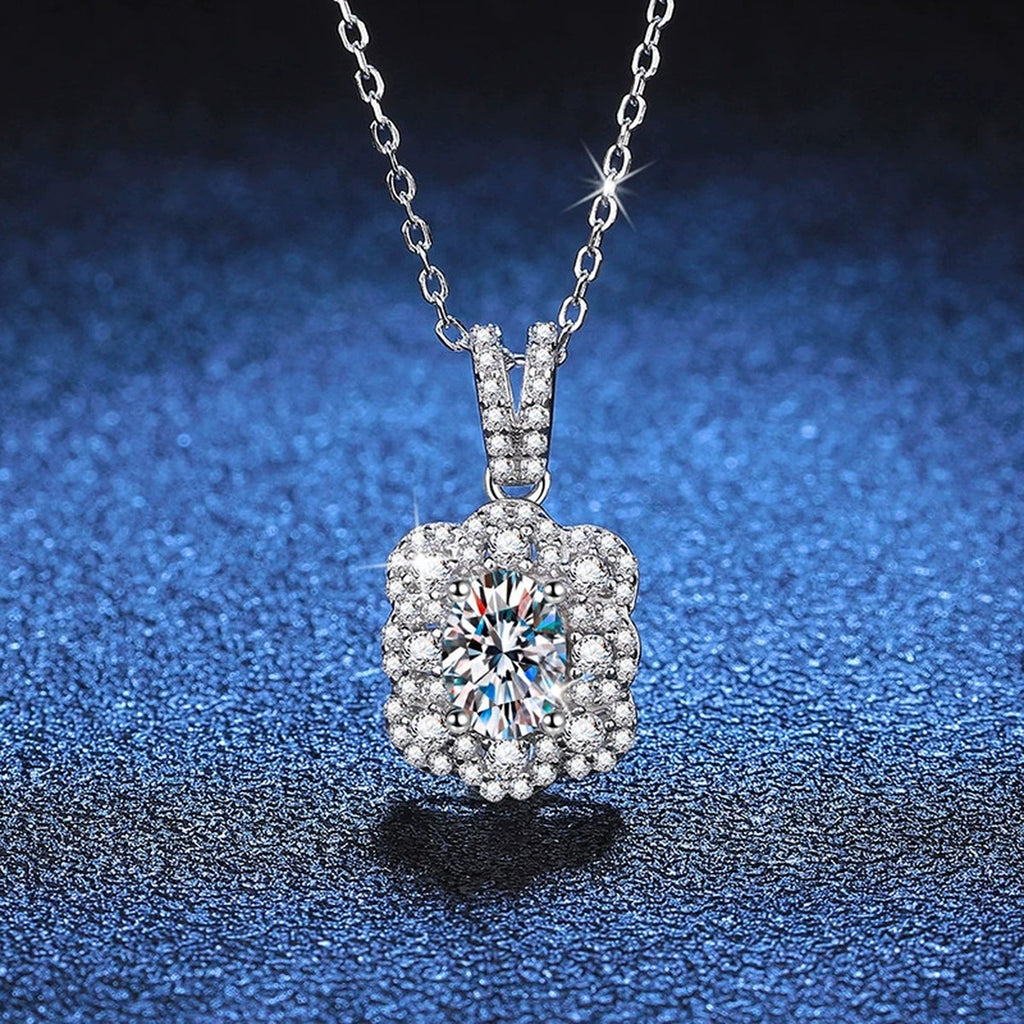 Cushion Halo Pear Moissanite Pendant Necklace in Platinum-Plated S925 Sterling Silver blue background product view