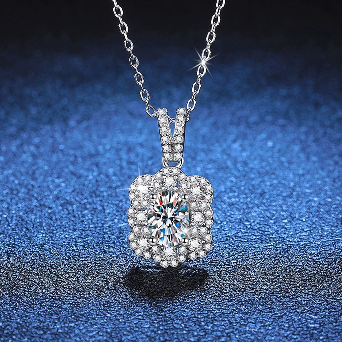 Cushion Halo Pear Moissanite Pendant Necklace in Platinum-Plated S925 Sterling Silver blue background product view