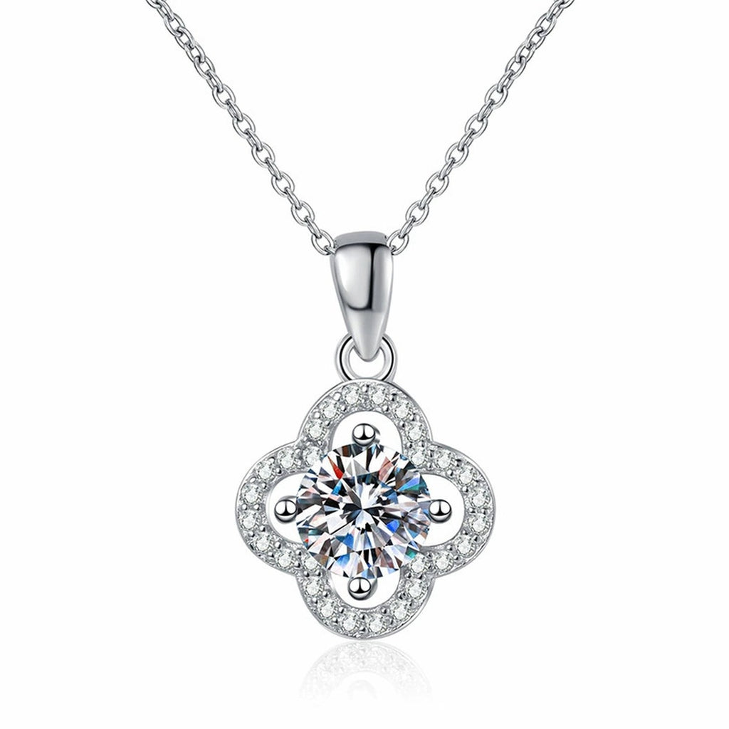 Four-Leaf Clover Halo Moissanite Pendant Necklace in Platinum-Plated S925 Sterling Silver on clean white background