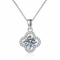 Four-Leaf Clover Halo Moissanite Pendant Necklace in Platinum-Plated S925 Sterling Silver on clean white background