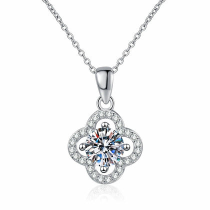 Four-Leaf Clover Halo Moissanite Pendant Necklace in Platinum-Plated S925 Sterling Silver on clean white background