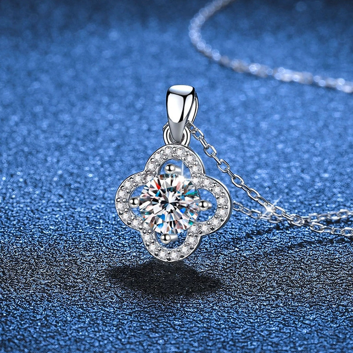 Four-Leaf Clover Halo Moissanite Pendant Necklace in Platinum-Plated S925 Sterling Silver blue background product view