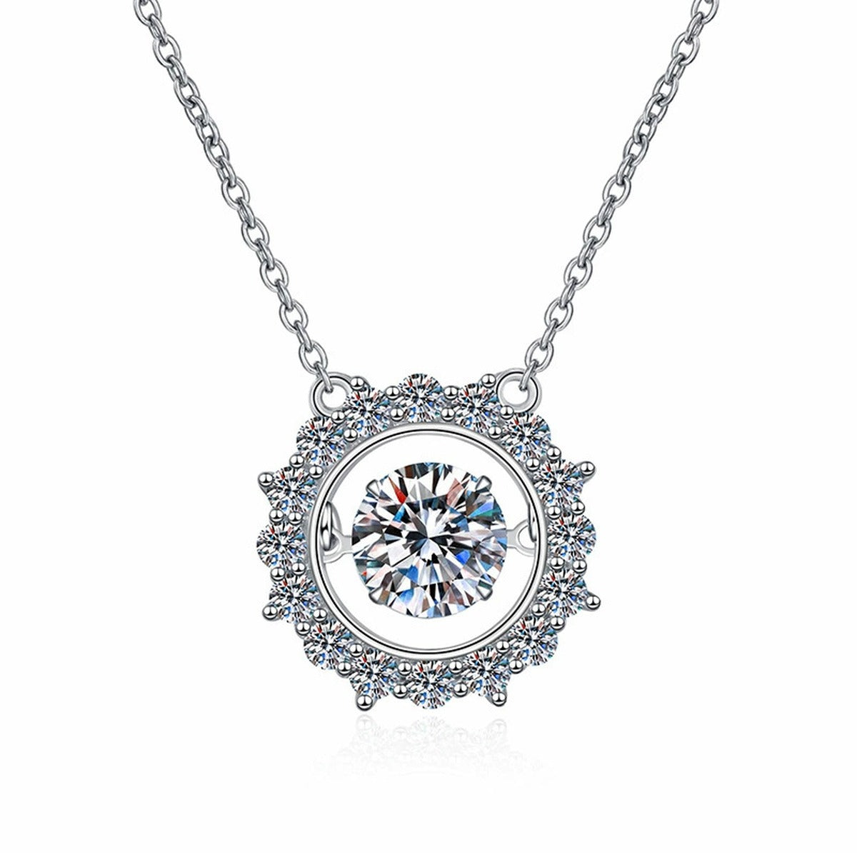 Round Halo Moissanite Pendant Necklace in Platinum-Plated S925 Sterling Silver on clean white background
