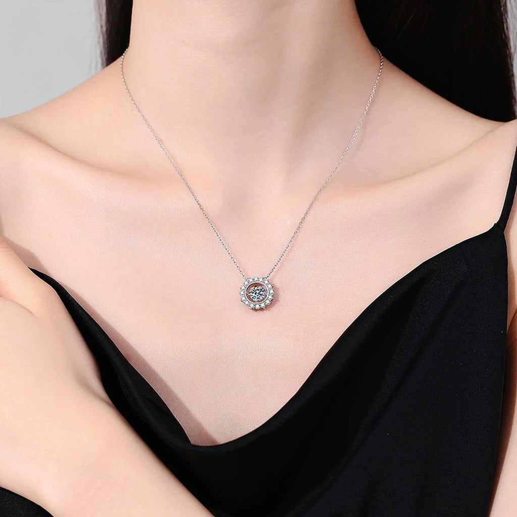 Round Halo Moissanite Pendant Necklace in Platinum-Plated S925 Sterling Silver worn on neckline by model