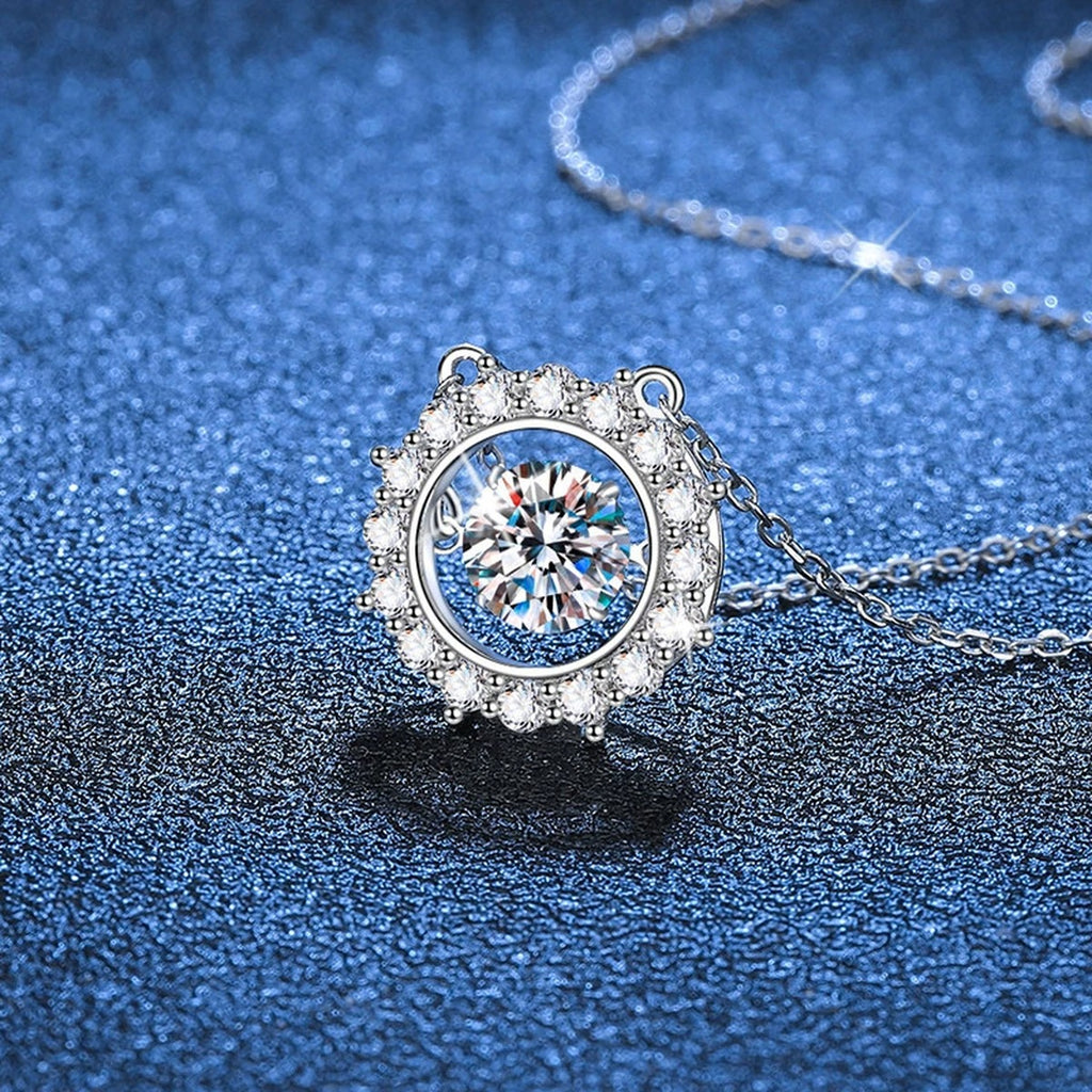Round Halo Moissanite Pendant Necklace in Platinum-Plated S925 Sterling Silver blue background product view