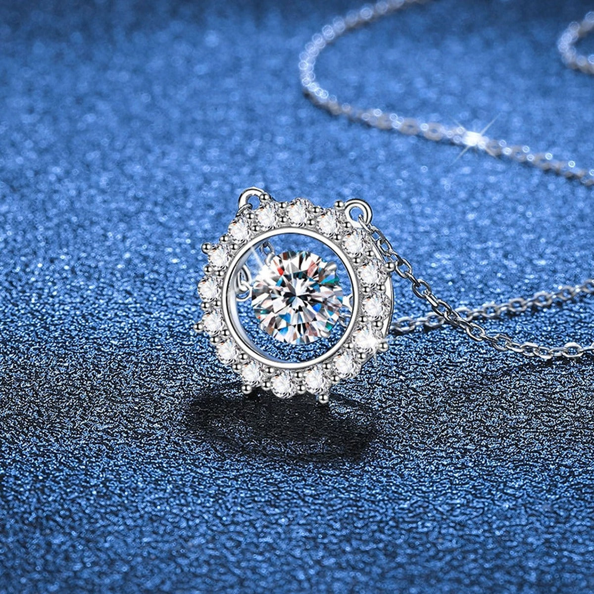 Round Halo Moissanite Pendant Necklace in Platinum-Plated S925 Sterling Silver blue background product view