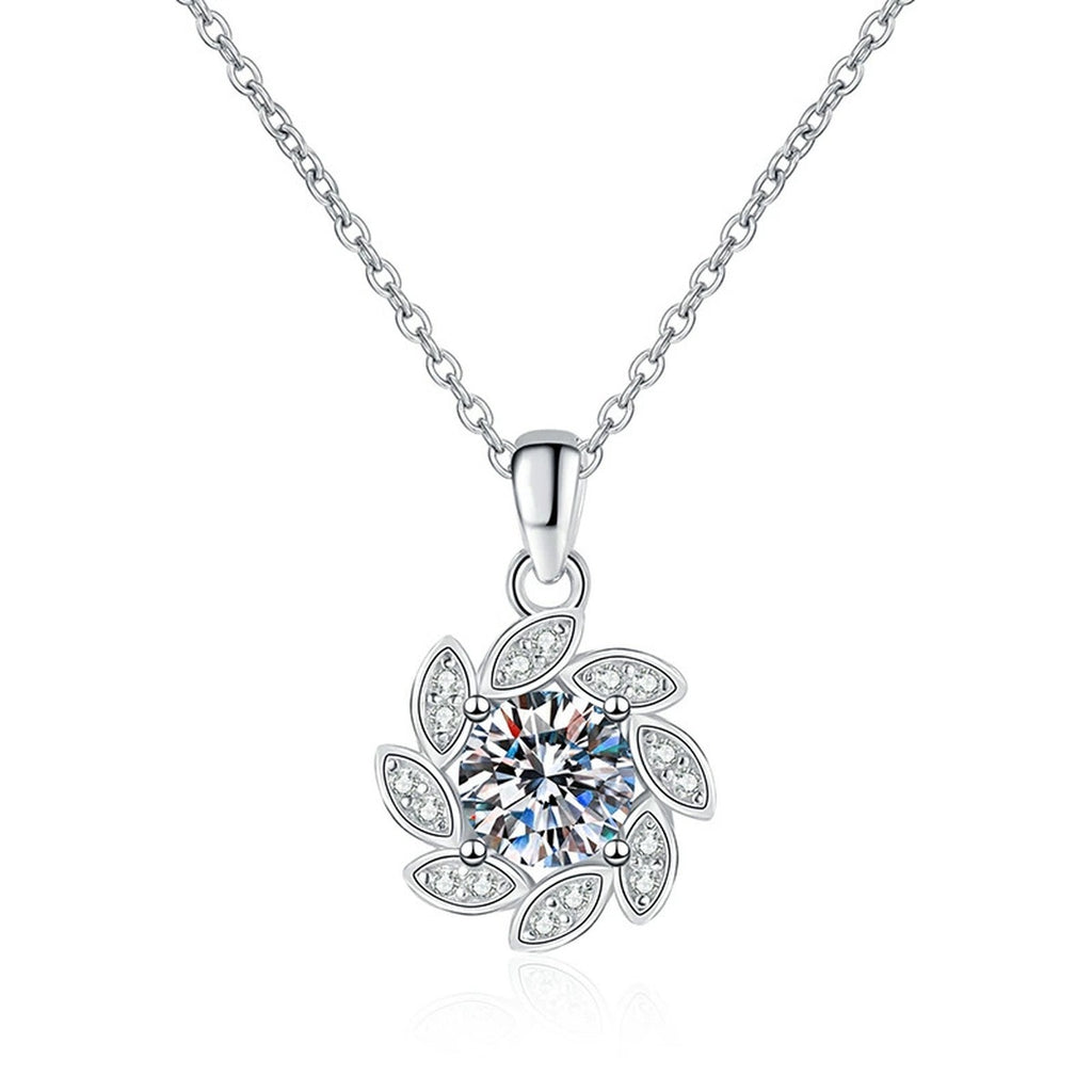 Floral Swirl Moissanite Pendant Necklace in Platinum-Plated S925 Sterling Silver on clean white background