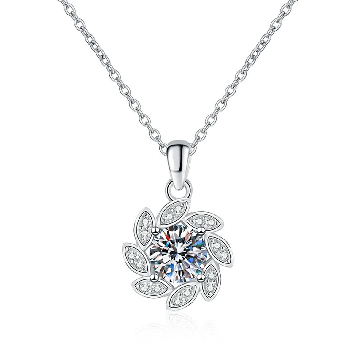 Floral Swirl Moissanite Pendant Necklace in Platinum-Plated S925 Sterling Silver on clean white background