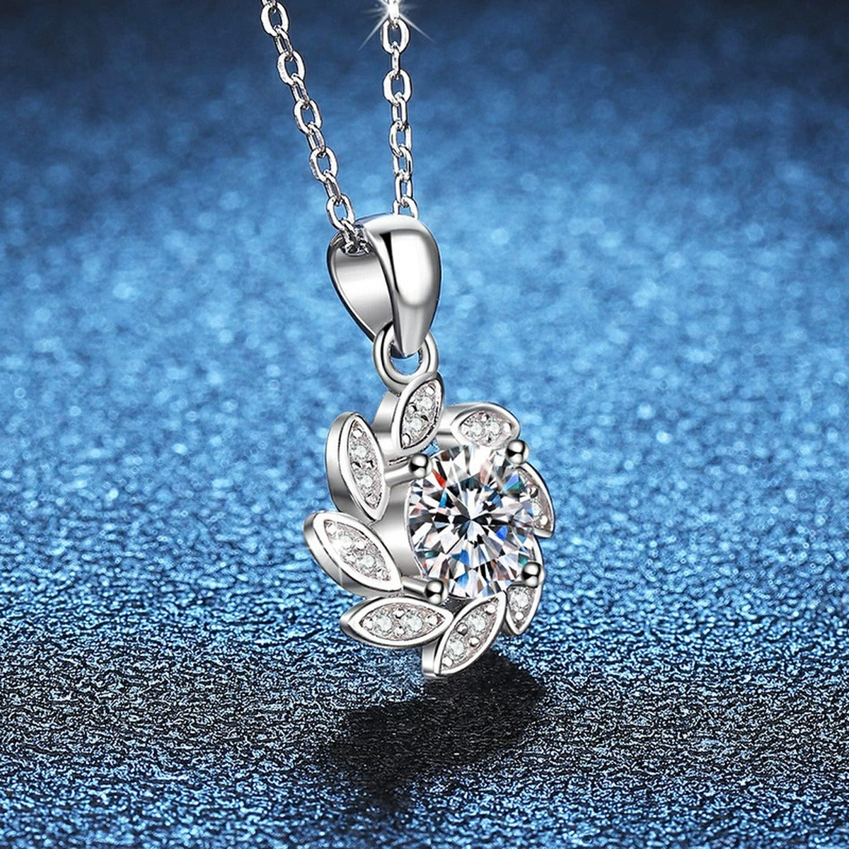 Floral Swirl Moissanite Pendant Necklace in Platinum-Plated S925 Sterling Silver blue background product view