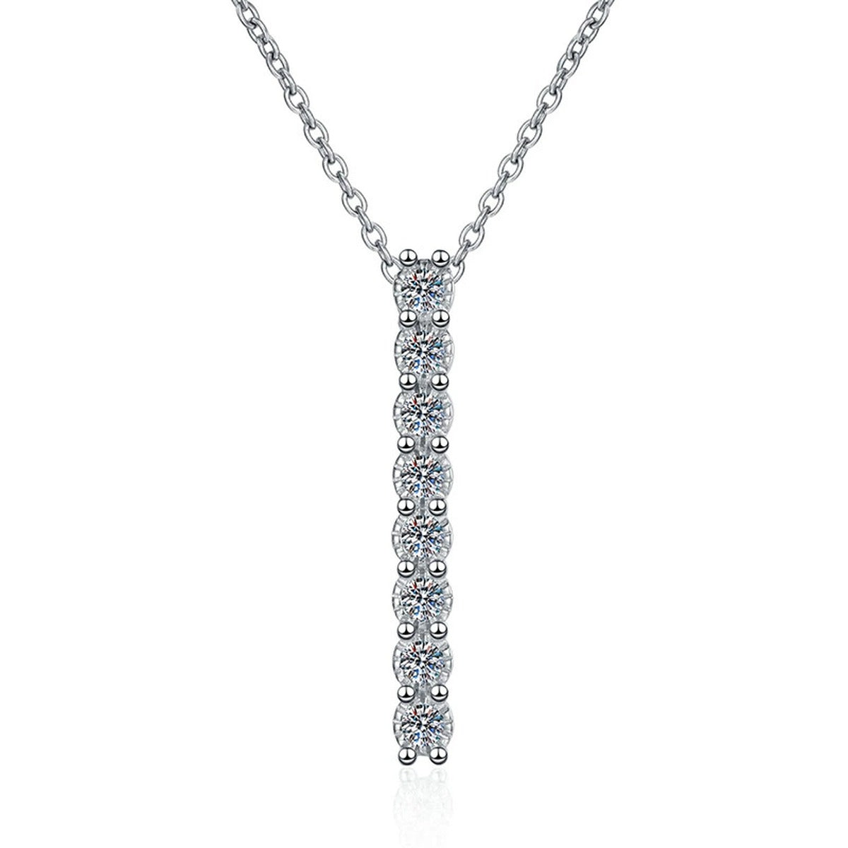 Slim Bar Moissanite Drop Necklace in Platinum-Plated S925 Sterling Silver on clean white background