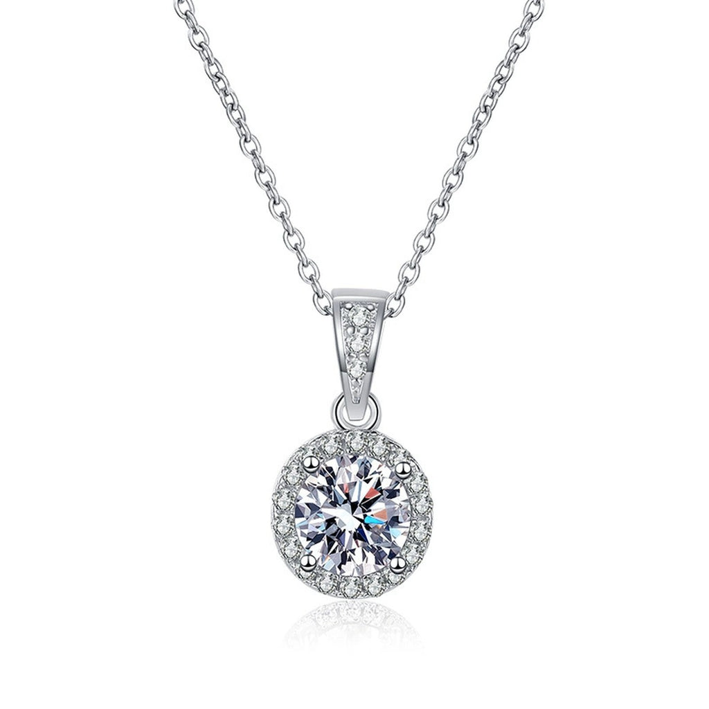 Round Halo Moissanite Pendant Necklace in Platinum-Plated S925 Sterling Silver on clean white background