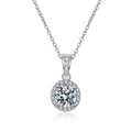 Round Halo Moissanite Pendant Necklace in Platinum-Plated S925 Sterling Silver on clean white background