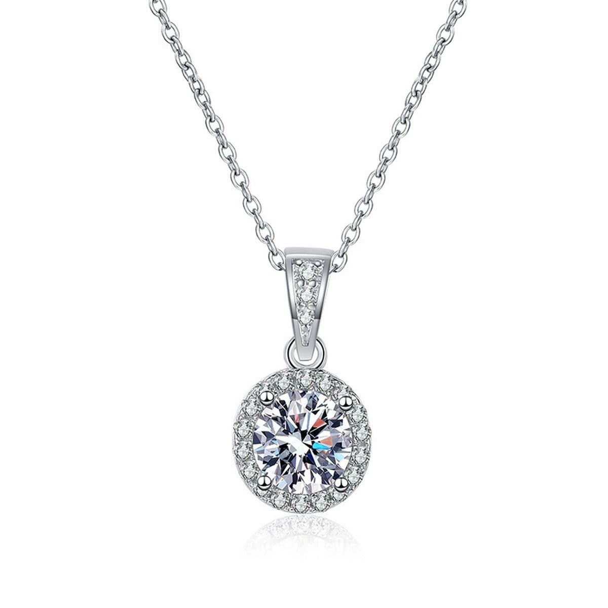 Round Halo Moissanite Pendant Necklace in Platinum-Plated S925 Sterling Silver on clean white background